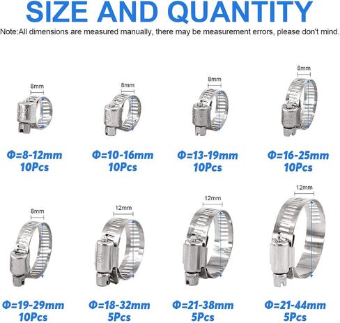 مجموعة متنوعة من 65 قطعة 304 من الفولاذ المقاوم للصدأ قابل للتعديل 8-44 مم نطاق دودة خرطوم التروس مجموعة متنوعة من مشابك خط الوقود لأنابيب المياه والسباكة والاستخدام الميكانيكي والسيارات in Kuwait