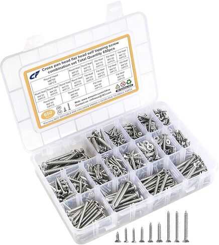مجموعة أدوات تثبيت متنوعة من مسامير التنصت الذاتية، 650 قطعة 304 من الفولاذ المقاوم للصدأ M3/M4/M5/M6 طقم براغي معدنية مع صندوق تخزين، تشكيلة براغي خشبية من فيليبس in Kuwait