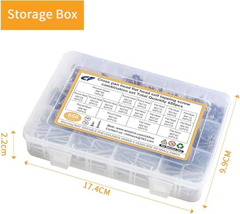 مجموعة أدوات تثبيت متنوعة من مسامير التنصت الذاتية، 650 قطعة 304 من الفولاذ المقاوم للصدأ M3/M4/M5/M6 طقم براغي معدنية مع صندوق تخزين، تشكيلة براغي خشبية من فيليبس in Kuwait