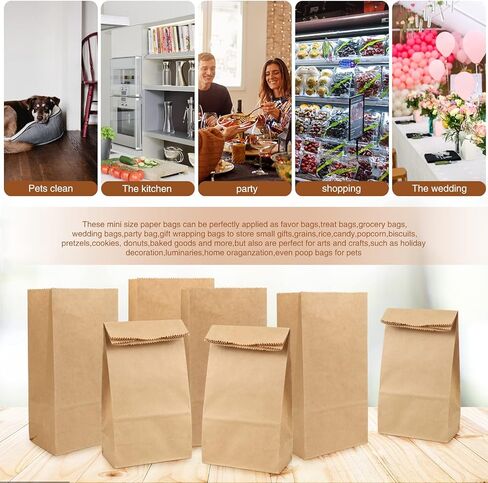 BadenBach 200 عبوة من أكياس ورق الكرافت الصغيرة، 3.5 بوصة × 2.2 بوصة × 6.7 بوصة، متينة صغيرة الحجم بوزن 1 رطل، بقالة، غداء، كوكي، وجبات خفيفة، ساندويتش، فشار، بيع بالتجزئة، شكرًا لك، حقيبة تغليف الهدايا لمشاريع الحرف اليدوية لحفلات التسوق في المخابز (بني) in Kuwait