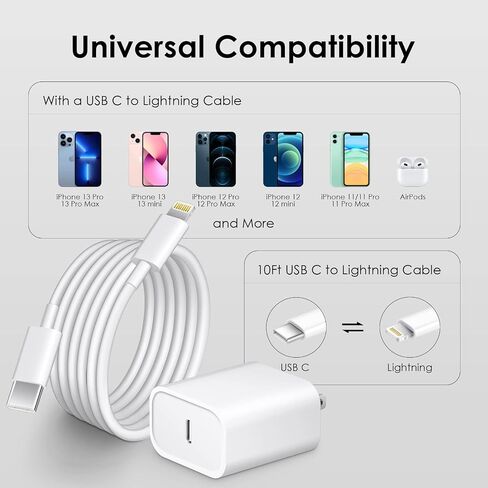 شاحن سريع iPhone 14 13 12 [معتمد من MFi] شاحن 10FT من النوع C 2 حزمة شاحن USB C بقوة 20 واط مع كابل شحن سريع لهاتف iPhone 14/14 Pro/13/13Pro Max/12/12 Pro Max/11/XS/XR/X / 8 بلس، آي باد in Kuwait