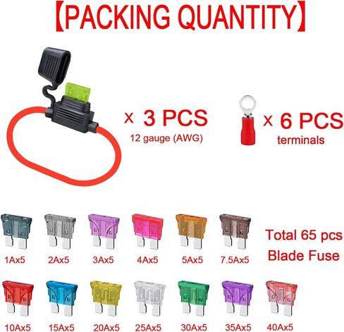 GNAWRISHING 12 AWG ATC/ATO حامل فيوز مضمن (3 قطع) ومصهر شفرة قياسي 5 قطع من كل 1A، 2A، 3A، 4A، 5A، 7.5A، 10A، 15A، 20A، 25A، 30A، 35A، 40A مجموعة متنوعة in Kuwait