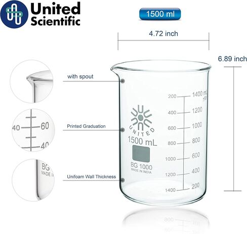 United Scientific™ BG1000-1500 Borosilicate Laboratory Grade Glass Beakers| Griffin Style Low Form Beaker | Graduated with Spout | Designed for Laboratories & Chemistry Classrooms| 1500mL Pack of 4 in Saudi Arabia