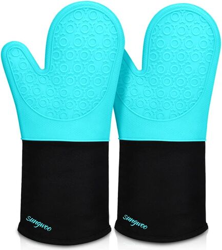 sungwoo Silicone Oven Mitts, Heat Resistant Oven Gloves with Quilted Liner Non-Slip Textured Grip Perfect for BBQ, Baking, Cooking and Grilling - 1 Pair 13.8 Inch Black in Kuwait