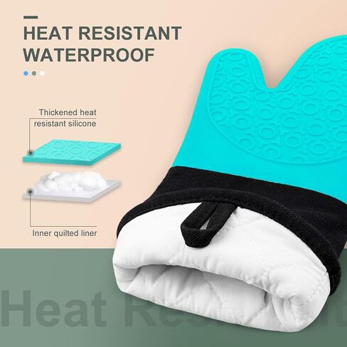 sungwoo Silicone Oven Mitts, Heat Resistant Oven Gloves with Quilted Liner Non-Slip Textured Grip Perfect for BBQ, Baking, Cooking and Grilling - 1 Pair 13.8 Inch Black in Kuwait