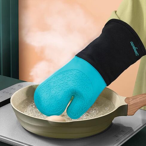 sungwoo Silicone Oven Mitts, Heat Resistant Oven Gloves with Quilted Liner Non-Slip Textured Grip Perfect for BBQ, Baking, Cooking and Grilling - 1 Pair 13.8 Inch Black in Kuwait