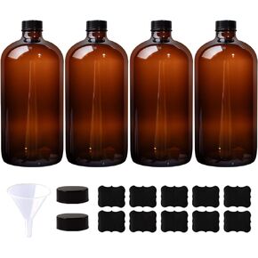 HWASHIN 4 Pack 32 oz Amber Boston Round Glass Bottles with Black Caps for Secondary Kombucha Fermentation and Lab Chemicals (1 Funnel and 10 Pieces Black Chalkboard Labels Included) in Saudi Arabia