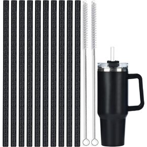 ALINK 10 Pack Black Replacement Straws for Stanley 40 oz 30 oz Tumbler, 12 in Long Reusable Plastic Glitter Straws for Stanley Cup Accessories, Half Gallon Jug, Plus 2 Cleaning Brush