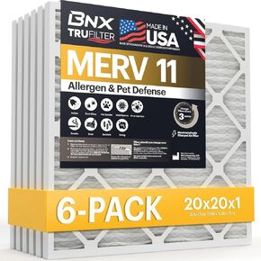 فلتر هواء BNX TruFilter 20x20x1 MERV 11 (6 عبوات) - صنع في الولايات المتحدة الأمريكية - مرشحات فرن HVAC AC للحساسية والغبار والحيوانات الأليفة والدخان والحساسية MPR 1200 FPR 7