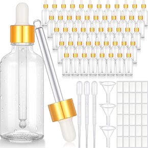 عبوة من 50 زجاجة قطارة للعين مع أغطية من Nuogo، زجاجات قطارة زجاجية سعة 2 أونصة مع 5 قطارات للزيوت العطرية، 3 أقماع بلاستيكية، 30 ملصقًا للعطور وزيت الجسم السائل وزيت التجميل (شفاف) in Kuwait