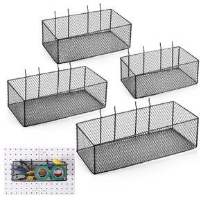 Norme 4 عبوات من سلال Pegboard مجموعة 4 مقاسات معدنية Pegboard منظم حائط مربع الشكل سلك Pegboard صناديق جدار جبل Pegboard أداة تنظيم لملحقات طاولة العمل تخزين المرآب، أسود