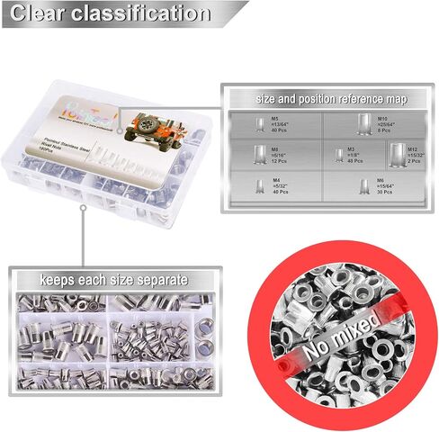 Rivet Nuts-180pcs Nutsert Kit Metric Rivnuts Nut Sert Kits, Metric Rivet Nut Kit, Nutsert Assortment Stainless Steel Threaded Insert |M3|M4|M5|M6|M8|M10|M12| in Kuwait