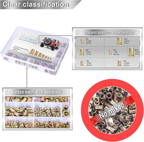 Rivet Nuts-180pcs Nutsert Kit Metric Rivnuts Nut Sert Kits, Metric Rivet Nut Kit, Nutsert Assortment Stainless Steel Threaded Insert |M3|M4|M5|M6|M8|M10|M12| in Kuwait
