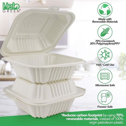 HeloGreen صديقة للبيئة 125 عددًا مقاس 15.24 سم × 15.24 سم، مقصورة واحدة للذهاب إلى حاويات الطعام - جودة شديدة التحمل، حاويات يمكن التخلص منها، نشا الذرة، آمنة للاستخدام في الميكروويف، صناديق للذهاب للطعام، حاوية طعام صدفية in Kuwait