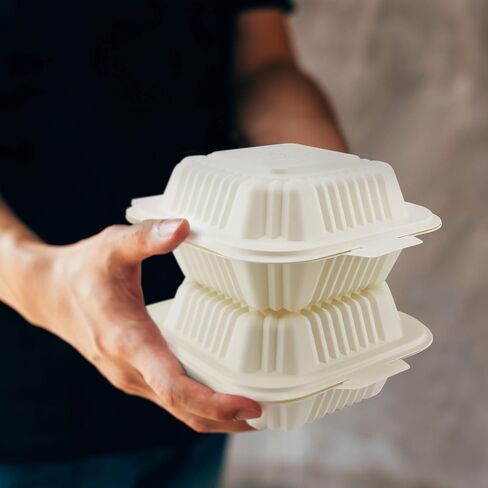 HeloGreen صديقة للبيئة 125 عددًا مقاس 15.24 سم × 15.24 سم، مقصورة واحدة للذهاب إلى حاويات الطعام - جودة شديدة التحمل، حاويات يمكن التخلص منها، نشا الذرة، آمنة للاستخدام في الميكروويف، صناديق للذهاب للطعام، حاوية طعام صدفية in Kuwait