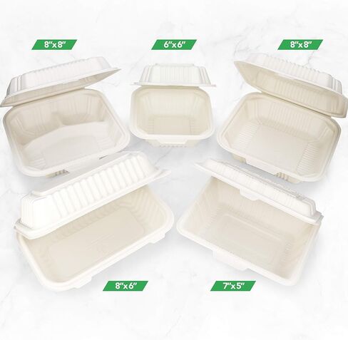 HeloGreen صديقة للبيئة 125 عددًا مقاس 15.24 سم × 15.24 سم، مقصورة واحدة للذهاب إلى حاويات الطعام - جودة شديدة التحمل، حاويات يمكن التخلص منها، نشا الذرة، آمنة للاستخدام في الميكروويف، صناديق للذهاب للطعام، حاوية طعام صدفية in Kuwait