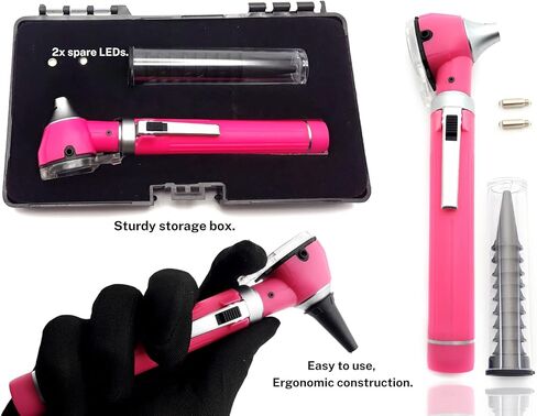 منظار الأذن الاحترافي من MEDCASE مع ضوء LED ومنظار لفحص الأذن وتشخيصها - منظار الأذن من الألياف الضوئية الألمانية اللامعة - مثالي للاستخدام الاحترافي والمنزلي - وردي in Kuwait