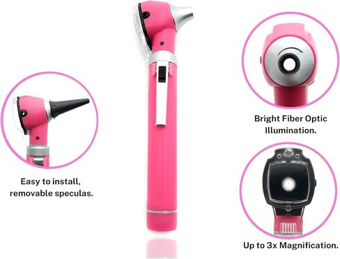 منظار الأذن الاحترافي من MEDCASE مع ضوء LED ومنظار لفحص الأذن وتشخيصها - منظار الأذن من الألياف الضوئية الألمانية اللامعة - مثالي للاستخدام الاحترافي والمنزلي - وردي in Kuwait