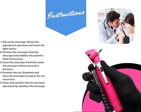 منظار الأذن الاحترافي من MEDCASE مع ضوء LED ومنظار لفحص الأذن وتشخيصها - منظار الأذن من الألياف الضوئية الألمانية اللامعة - مثالي للاستخدام الاحترافي والمنزلي - وردي in Kuwait