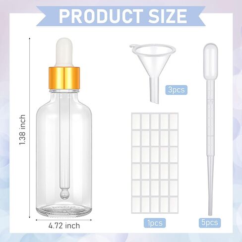 عبوة من 50 زجاجة قطارة للعين مع أغطية من Nuogo، زجاجات قطارة زجاجية سعة 2 أونصة مع 5 قطارات للزيوت العطرية، 3 أقماع بلاستيكية، 30 ملصقًا للعطور وزيت الجسم السائل وزيت التجميل (شفاف) in Kuwait