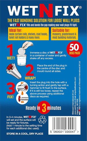 ويت ان افكس (50 قرص) - تثبيت مثبتات الحائط والمقابس بسرعة! مثالية لتركيبات الجدران السائبة مثل قضبان الستائر وحوامل بكرات المرحاض. مثالية للجدران الجافة والبناء. in Kuwait