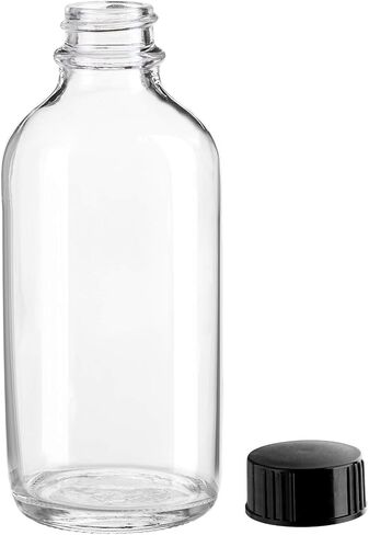 Bekith 24 Pack Clear Boston Round with Black Poly Cone Cap, 4 oz Clear Glass Bottles Sample Bottles for Potion, Juice, Ginger Shots, Oils, Whiskey, Liquids in Saudi Arabia