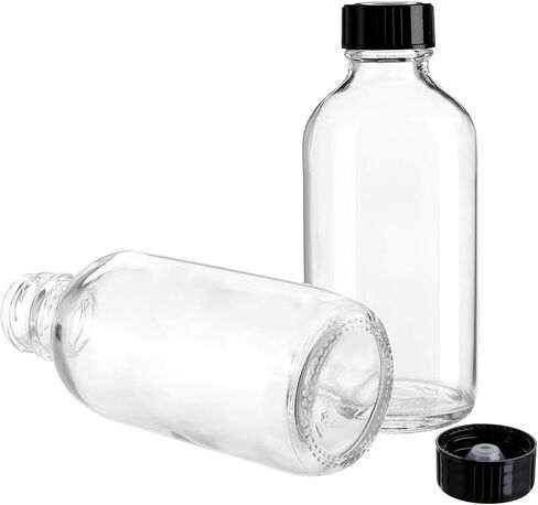 Bekith 24 Pack Clear Boston Round with Black Poly Cone Cap, 4 oz Clear Glass Bottles Sample Bottles for Potion, Juice, Ginger Shots, Oils, Whiskey, Liquids in Saudi Arabia