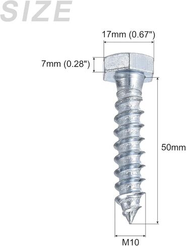 مسامير معدنية سداسية متخلفة (M10x60mm) 20 قطعة، مسامير خشبية ذاتية التنصت من الفولاذ الكربوني - للتطبيقات المنزلية in Kuwait
