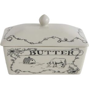 Creative Co-Op Country Stoneware Butter Dish with Lid, "Spread the Love" Message, and Farm Line Drawing, White and Black in Kuwait
