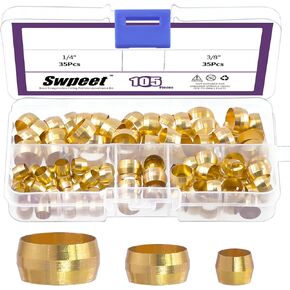 Swpeet 105 Pcs Tube OD 1/4'' 3/8'' 1/2'' Brass Compression Sleeves Ferrules, 3 Sizes Brass Compression Fitting Ferrules Assortment Kit Metal Hardware Tightly Good Sealing