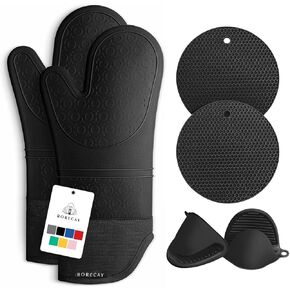 Rorecay Extra Long Oven Mitts and Pot Holders Sets: Heat Resistant Silicone Oven Mittens with Mini Oven Gloves Hot Pads Potholders for Kitchen Baking Cooking, Quilted Liner, Pack of 6 (Bermuda Teal)