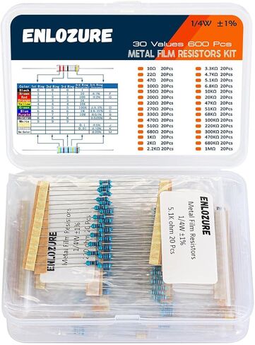 ENLOZURE 600 قطعة 30 مجموعة مقاومات 10 Ohm-1M Ohm 1% 1/4W تشكيلة مقاومات الأفلام المعدنية للمشاريع والتجارب التي تصنعها بنفسك in Kuwait