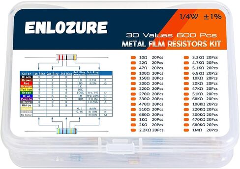 ENLOZURE 600 قطعة 30 مجموعة مقاومات 10 Ohm-1M Ohm 1% 1/4W تشكيلة مقاومات الأفلام المعدنية للمشاريع والتجارب التي تصنعها بنفسك in Kuwait