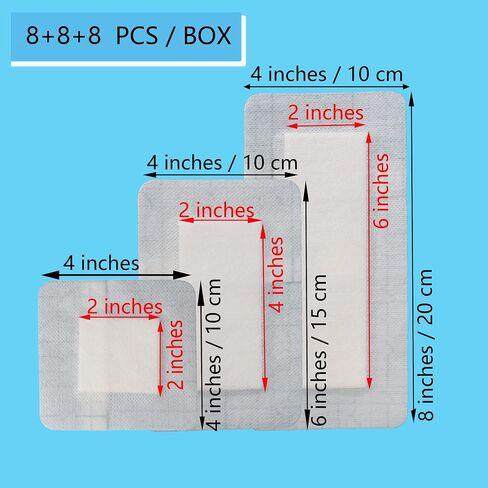 4X10, 4X12, 4X14 Inches Large Sterile Adhesive Island Wound Dressing Bandages - Non Woven Bordered Gauze Pads, Individually Pack, 8PCS for Each Size, Medical Grade by QICHUANG(101214Mixed Size- C24) in Kuwait