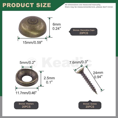 Keadic 60 Pcs Bronze Mirror Screws Assortment Set Retro Cap Cover Nails Fasteners with Screws, Vintage Upholstery Tacks Thumb Tacks for Wall Hanging Sign/Advertising Hardware (9mm) in Kuwait