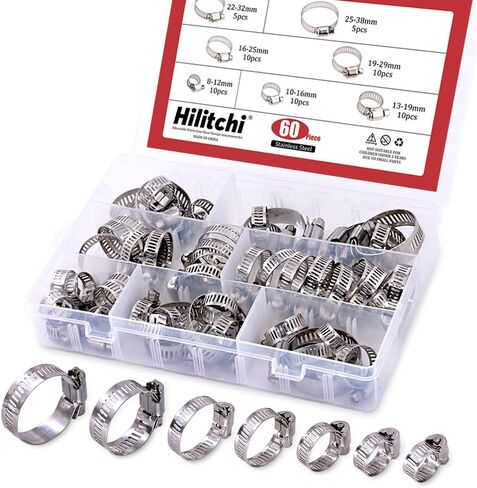 Hilitchi 60 Piece Adjustable 8-38mm Range Stainless Steel Worm Gear Hose Clamps Assortment Kit in Saudi Arabia