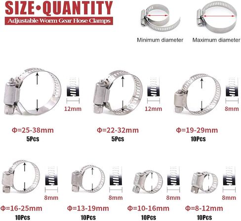 Hilitchi 60 Piece Adjustable 8-38mm Range Stainless Steel Worm Gear Hose Clamps Assortment Kit in Saudi Arabia