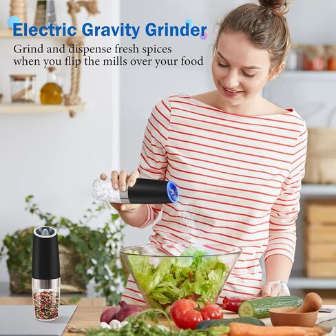 2Pcs Gravity Electric Salt and Pepper Grinder Set, Battery Powered LED Light One Hand Automatic Operation, Adjustable Coarseness Mill Grinders Shakers Black, Kitchen Gadgets Gift Ideas in Kuwait