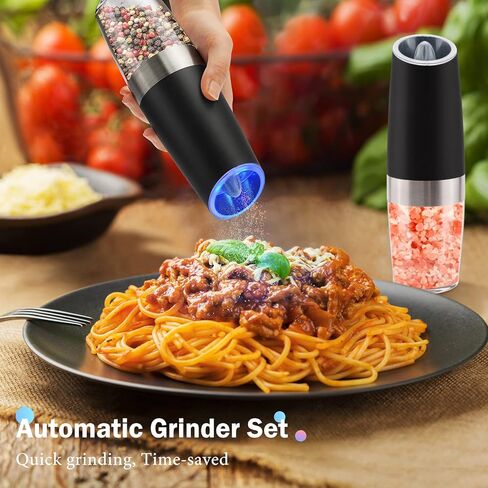 2Pcs Gravity Electric Salt and Pepper Grinder Set, Battery Powered LED Light One Hand Automatic Operation, Adjustable Coarseness Mill Grinders Shakers Black, Kitchen Gadgets Gift Ideas in Kuwait