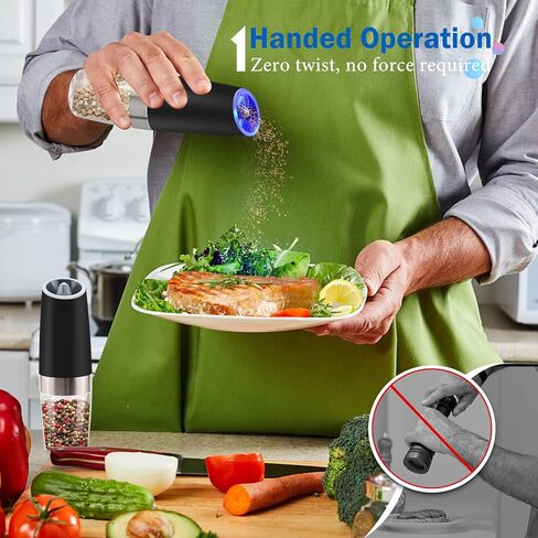 2Pcs Gravity Electric Salt and Pepper Grinder Set, Battery Powered LED Light One Hand Automatic Operation, Adjustable Coarseness Mill Grinders Shakers Black, Kitchen Gadgets Gift Ideas in Kuwait