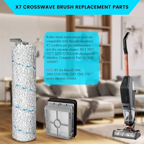 بكرة فرشاة بديلة متوافقة مع مكنسة بيسيل كروس ويف X7 بت برو 3011 3055 3277 3279 3276A اللاسلكية بت برو متعددة الاسطح الرطبة والجافة و2 فرشاة دوارة و4 فلتر هيبا وفرشاة تنظيف in Kuwait