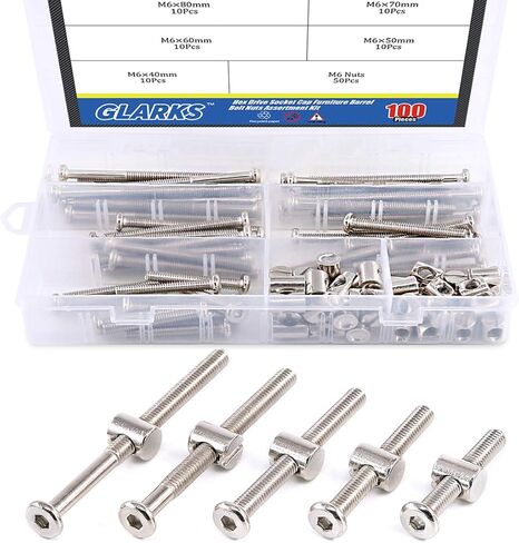 Glarks 100Pcs M6 x 35/45/55/65/75mm Hex Drive Socket Cap Furniture Barrel Screws Bolt Nuts Assortment Kit for Furniture, Cots, Babybeds, Crib, Chairs - Nickel Plated in Saudi Arabia