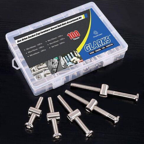 Glarks 100Pcs M6 x 35/45/55/65/75mm Hex Drive Socket Cap Furniture Barrel Screws Bolt Nuts Assortment Kit for Furniture, Cots, Babybeds, Crib, Chairs - Nickel Plated in Saudi Arabia