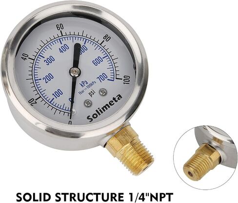 Solimeta 2-1/2" Dial Size,Glycerin Filled Pressure Gauge, 200psi Pressure Gauge, Hydraulic Pressure Gauge, Water Tank Pressure Gauge, 304 Stainless Steel Case, 1/4"NPT Rear Mount in Kuwait