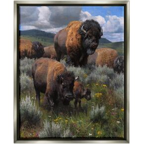 Stupell Industries Bison Herd المناظر الطبيعية الريفية ذات إطار ذهبي من القماش الكتاني بتصميم فني جداري من تصميم كايل سيمز in Kuwait