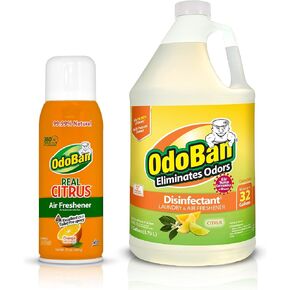 OdoBan Aroma Eliminator Set, 10 Ounce 360-Degree Continuous Spray Natural Oil Real Citrus Orange Air Freshener, 1 Gallon Multipurpose Disinfectant Cleaning Concentrate, 14 Ounce Solid Scent Absorber