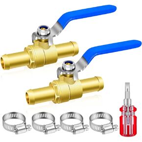 3/4'' Heater Hose Shut Off Ball Valves, 2Pcs Brass Barb Shut Off Ball Valves, 3/4'' PEX Shut Off Valves for Heater Hose, with 4Pcs Stainless Steel Clamps, Use for Water, Oil, Gas, Fuel line Fittings
