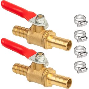 JUWO 3/8" Barbed Shut off Ball Valve, Brass Hose Barb Fitting for Air, Gas, Fuel, Oil, 4 Clamps Included (2-Pack)