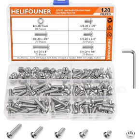 HELIFOUNER 120 Pieces 5 Sizes 304 Stainless Steel 1/4-20 x 3/8" 1/2" 5/8" 3/4" 1" UNC Thread Hex Button Head Cap Bolts Kit in Kuwait