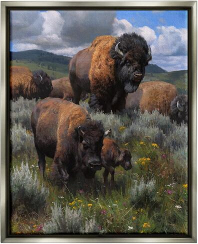 Stupell Industries Bison Herd المناظر الطبيعية الريفية ذات إطار ذهبي من القماش الكتاني بتصميم فني جداري من تصميم كايل سيمز in Kuwait